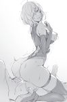  1girl ahoge ass blush boots breasts breath cum cum_in_pussy fate/grand_order fate_(series) from_side fujimaru_ritsuka_(male) girl_on_top greyscale hair_over_one_eye hetero high_heel_boots high_heels highres kneeling large_breasts legband looking_back mash_kyrielight monochrome nakamura_regura nipples parted_lips reverse_cowgirl_position sex short_hair simple_background skindentation straddling thighhighs vaginal white_background 