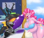  2018 anthro big_breasts bikini blues64 breasts changeling clothing confetti cutie_mark digital_media_(artwork) dildo equine fangs female friendship_is_magic group hair hi_res hole_(anatomy) horn huge_breasts hyper hyper_breasts long_hair mammal marauder6272 my_little_pony open_mouth pink_hair pinkie_pie_(mlp) queen_chrysalis_(mlp) sex_toy sweat swimsuit tongue tongue_out wings 