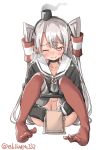  ;) amatsukaze_(kantai_collection) asymmetrical_bangs bangs black_hairband black_panties black_shirt brown_eyes closed_mouth collarbone ebifurya exploration full_body hair_tubes hairband hat highres implied_masturbation kantai_collection knees_up long_hair long_sleeves looking_down mini_hat mirror navel_cutout no_shoes one_eye_closed panties panty_pull red_legwear sailor_collar shiny shiny_hair shirt silver_hair simple_background sitting smile smoke smokestack solo thighhighs twitter_username two_side_up underwear very_long_hair white_background white_sailor_collar 