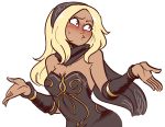  black_scarf blonde_hair bracer breasts dark_skin gravity_daze hair_ornament kitten_(gravity_daze) red_eyes scarf scruffyturtles solo strapless sweatdrop 