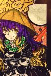  bad_id bad_twitter_id beads blonde_hair breasts cleavage cloud commentary_request hat hijiri_byakuren long_hair looking_at_viewer moon patterned_background purple_hair shiraniwa_rin smile solo touhou wavy_hair yellow_eyes 