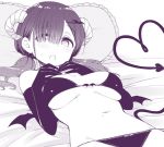  :o bare_shoulders blush bra breasts curled_horns demon_girl demon_tail demon_wings elbow_gloves gloves hair_ornament hair_over_one_eye hairclip horns large_breasts long_hair looking_at_viewer low_twintails lying monochrome navel nekoume on_back on_bed open_mouth original panties pillow solo succubus tail twintails underwear underwear_only wings 