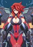  1girl bodysuit breasts cleavage cleavage_cutout eyes_visible_through_hair green_eyes gun_goddess_miss_fortune hair_over_one_eye highres huge_breasts league_of_legends power_armor red_hair sarah_fortune tagme torahime_(roland00) 