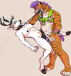  5_fingers antbears anthro antlers balls bound breasts cervine claws collar dickgirl dickgirl/male duo dyox erection eyebrows feline fur hair harness hooves horn intersex intersex/male leash male male_penetrating mammal muscular nipples nude penis reindeer simple_background tiger 