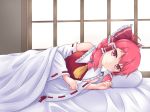  absurdres blush bow braid closed_mouth cookie_(touhou) cosplay detached_sleeves eyebrows_visible_through_hair hair_bow hair_tubes hakurei_reimu hakurei_reimu_(cosplay) highres hone. indoors looking_at_viewer lying on_side pillow pink_hair red_bow red_eyes sasorihime_(cookie) short_hair smile solo touhou 
