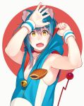  :o animal_ears armpits bangs bell blue_hair breasts doraemon doraemon_(character) dorayaki fang food go_robots hands_up highres hood hood_up hoodie jingle_bell looking_at_viewer naked_hoodie no_bra open_mouth personification sleeveless slit_pupils small_breasts solo tail upper_body wagashi wristband yellow_eyes zipper 
