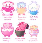  blissey blue_eyes blush_stickers cherrim closed_eyes closed_mouth commentary creature english full_body fusion gen_2_pokemon gen_3_pokemon gen_4_pokemon gen_5_pokemon gen_6_pokemon glitchedpuppet highres looking_at_viewer minun multiple_heads no_humans pink_eyes plusle pokemon pokemon_(creature) simple_background slurpuff standing swanna togepi tongue tongue_out white_background 