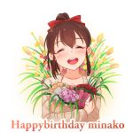  blush bouquet bow character_name closed_eyes collarbone crossed_arms facing_viewer flower hair_bow happy_birthday holding holding_bouquet idolmaster idolmaster_million_live! kamille_(vcx68) long_sleeves open_mouth ponytail red_bow satake_minako short_hair short_ponytail smile solo sweater upper_body 