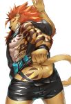 abs anthro butt clothed clothing colored feline kemono lion looking_at_viewer male mammal muscular pants_down partially_clothed pecs presenting presenting_hindquarters ragtouran rear_view simple_background solo white_background 