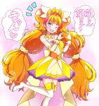  ;d amanogawa_kirara bare_shoulders boots collarbone cropped_legs cure_twinkle dress earrings gloves go!_princess_precure heart heart_hands highres jewelry kaatsukun long_hair low-tied_long_hair magical_girl multicolored_hair one_eye_closed open_mouth orange_hair precure purple_eyes quad_tails red_hair smile solo standing standing_on_one_leg star star_earrings streaked_hair thigh_boots thighhighs twintails two-tone_hair white_footwear white_gloves yellow_dress 