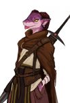  clothing dragon female guoh horn melee_weapon orange_eyes purple_scales scales scalie simple_background solo sword tongue weapon 
