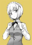  adjusting_bow aokaze_(mimi_no_uchi) bangs bow bowtie closed_mouth commentary cutlass_(girls_und_panzer) dress_shirt girls_und_panzer handkerchief head_tilt light_frown long_sleeves looking_at_viewer maid_headdress partially_colored shirt short_hair simple_background solo standing upper_body vest wing_collar yellow_background 