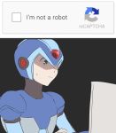  1boy android capcom captcha green_eyes helmet kodenki-san rockman rockman_x sweatdrop text upper_body x_(rockman) 