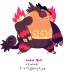  creature emboar english from_side frown full_body fusion gen_3_pokemon gen_5_pokemon glitchedpuppet highres kecleon no_humans pokemon pokemon_(creature) profile red_eyes simple_background solo white_background 