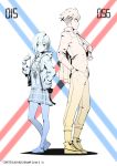  1girl absurdres artist_name charm_(object) clothes_writing collared_shirt contrapposto darling_in_the_franxx dated eyebrows_visible_through_hair glasses gorgeous_mushroom gorou_(darling_in_the_franxx) hair_ornament hairclip hand_up height_difference highres ichigo_(darling_in_the_franxx) limited_palette looking_at_viewer md5_mismatch necktie pants pleated_skirt popped_collar profile shirt shoes short_hair skirt smile standing watch wing_collar wristwatch 