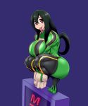  1girl asui_tsuyu ber00 black_eyes bodysuit boku_no_hero_academia breasts full_body gloves green_bodysuit green_footwear green_hair hands_up long_hair long_sleeves long_tongue looking_at_viewer purple_background simple_background small_breasts solo spread_legs squatting tongue tongue_out white_gloves 