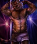  2018 5_fingers abs anthro balls brown_fur brown_nose bulge clothed clothing erection feline fur killianwalker lights looking_at_viewer male mammal muscular muscular_male nightclub orange_eyes penis_outline pole pose show smile solo stage standing stripes stripper stripper_pole tiger topless underwear 
