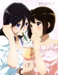  absurdres bangs black_hair black_watch blue_eyes blush breasts brown_hair collarbone cup drinking drinking_straw eye_contact floral_print food_request glasses hair_between_eyes hair_tucking hibike!_euphonium highres holding holding_cup holding_drinking_straw kusano_sumire large_breasts long_hair looking_at_another megami_deluxe mole mole_under_eye multiple_girls nail_polish nakaseko_kaori official_art patterned_background pink_nails pink_shirt red-framed_eyewear red_eyes shared_drink shirt short_hair skindentation smile tanaka_asuka watch white_background white_shirt wristwatch yuri 