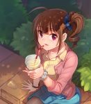  absurdres ahoge blush bracelet breasts brown_hair brown_legwear collarbone collared_shirt drill_hair drinking_straw eyebrows_visible_through_hair highres idolmaster idolmaster_million_live! jewelry kamille_(vcx68) large_breasts looking_at_viewer nail_polish outdoors pantyhose parted_lips purple_eyes shirt short_hair side_drill sitting smile solo yellow_nails yellow_shirt yokoyama_nao 