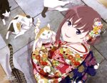  absurdres animal_print blush brown_hair butterfly_print calico cat floral_print fur hair_ribbon highres holding holding_cat japanese_clothes just_because! kimono looking_at_viewer megami_deluxe natsume_mio official_art open_mouth outdoors pink_ribbon print_kimono print_obi print_ribbon purple_eyes red_kimono ribbon seiza shikibu_miyoko sitting smile yellow_eyes 