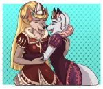  bilba blonde_hair brown_fur canine clothed clothing crown dress ear_piercing elizabethan_collar eyes_closed fox fur gloves hair happy hug inner_ear_fluff long_hair mammal nakhta patterned_background piercing princess queen royalty scarlet-frost sibling sisters smile the_pirate&#039;s_fate white_fur 