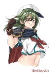  bangs blue_eyes blush brown_gloves clenched_hand closed_mouth cropped_torso ebifurya eyepatch facial_scar flat_cap gloves green_hair hat highres kantai_collection kiso_(kantai_collection) looking_at_viewer medium_hair navel neckerchief one_eye_covered red_neckwear scar scar_across_eye shiny shiny_hair shirt short_sleeves sideways_hat simple_background smile solo stomach twitter_username upper_body white_background white_hat white_shirt 