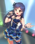  absurdres belt blue_bow blue_hair blue_nails blue_skirt blush bow brown_eyes check_my_note choker collarbone cowboy_shot dark_blue_hair eyebrows_visible_through_hair hair_bow heart highres holding holding_microphone idolmaster idolmaster_(classic) kamille_(vcx68) kisaragi_chihaya looking_at_viewer microphone nail_polish open_mouth skirt smile solo 
