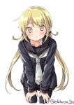  arm_support black_legwear black_serafuku blonde_hair cowboy_shot crescent crescent_moon_pin ebifurya highres kantai_collection leaning_forward long_hair looking_at_viewer low_twintails necktie open_mouth pantyhose parted_lips satsuki_(kantai_collection) school_uniform serafuku simple_background solo twintails twitter_username white_background white_neckwear 