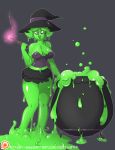  2015 big_breasts breasts cauldron clothing female goo_creature grey_background hair hat lilithrose magic_user navel nipple_bulge open_mouth post_transformation short_hair simple_background skirt slime solo surprise wand witch witch_hat 