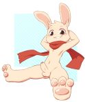  2018 anthro balls biped clothed clothing cub cute digital_media_(artwork) erection foreskin front_view fur grin hands_behind_head humanoid_penis lagomorph looking_at_viewer male mammal mostly_nude nobusuke nude partially_clothed pawpads paws penis presenting presenting_penis rabbit red_scarf scarf simple_background sitting smile solo teeth toes uncut white_background white_fur young 