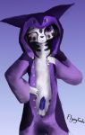  5_fingers anthro black_hair cat clothed clothing erection feline flyingtanks fur hair looking_at_viewer male mammal one_eye_closed partially_clothed penis purple_eyes purple_nose sergal solo spots spotted_fur wink 