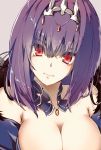  bangs bare_shoulders breasts circlet cleavage eyebrows_visible_through_hair fate/grand_order fate_(series) hair_between_eyes hair_ornament highres jewelry kobo_(cobo_0609) large_breasts looking_at_viewer medium_hair necklace purple_hair red_eyes scathach_(fate)_(all) scathach_skadi_(fate/grand_order) simple_background solo tiara tsurime upper_body 