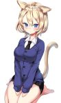  alternate_hair_length alternate_hairstyle animal_ears bangs barefoot bc_freedom_school_uniform black_neckwear black_skirt blonde_hair blue_eyes blue_sweater blush cardigan cat_ears cat_tail closed_mouth commentary dress_shirt eyebrows_visible_through_hair frown full_body girls_und_panzer gorua_(youce01) hands_on_lap kemonomimi_mode long_sleeves looking_at_viewer miniskirt necktie oshida_(girls_und_panzer) pleated_skirt school_uniform seiza shirt short_hair simple_background sitting skirt solo sweater tail tail_raised v_arms vest white_background white_shirt wing_collar 