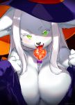  animal_ears between_breasts breasts candy fangs food fur furry green_eyes hat large_breasts lollipop long_hair looking_at_viewer off_shoulder original paws saliva slit_pupils snout solo suurin_(ksyaro) tongue tongue_out upper_body white_hair witch_hat 