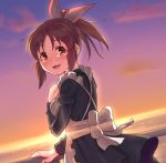  abe_nana blush breasts brown_eyes brown_hair eyebrows_visible_through_hair from_behind idolmaster idolmaster_cinderella_girls kamille_(vcx68) large_breasts long_sleeves looking_at_viewer maid open_mouth outdoors railing short_hair short_ponytail smile solo sunset tearing_up 