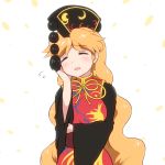  :d =_= blonde_hair blush china_dress chinese_clothes closed_eyes commentary_request dress facing_viewer flying_sweatdrops hand_on_own_cheek head_tilt junko_(touhou) long_hair long_sleeves neck_ribbon open_mouth ribbon shirosato smile solo touhou upper_body wide_sleeves yellow_neckwear yellow_ribbon 