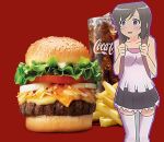  black_skirt blush brown_hair coca-cola drink food french_fries futsuu_no_joshikousei_ga_locodol_yattemita hamburger open_mouth purple_eyes short_hair signature skirt smile tank_top thighhighs usami_nanako waving white_legwear 