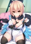  absurdres ahoge black_gloves black_legwear black_scarf blonde_hair breasts elbow_gloves fate_(series) fingerless_gloves futon gloves haori highres japanese_clothes kimono koha-ace large_breasts looking_at_viewer obi off_shoulder okita_souji_(fate) okita_souji_(fate)_(all) pillow sash scarf seiza shinsengumi short_kimono sitting sleeveless sleeveless_kimono solo tatami thighhighs wakagi_repa white_kimono yellow_eyes 