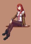  absurdres boots breasts brown_background brown_hair collared_shirt crossed_legs full_body hand_on_own_knee highres jacket long_hair looking_at_viewer makise_kurisu medium_breasts necktie off_shoulder pantyhose pantyhose_under_shorts purple_eyes shirt short_shorts shorts simple_background solo steins;gate veolia 