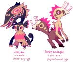  commentary creature english full_body fusion gen_2_pokemon gen_3_pokemon girafarig glitchedpuppet grin highres mawile multiple_heads no_humans pink_eyes pokemon pokemon_(creature) sharp_teeth simple_background smile standing teeth white_background 