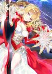 1girl bangs blonde_hair braid braided_bun breasts cleavage commentary_request corset epaulettes fate/grand_order fate_(series) highres lion looking_at_viewer md5_mismatch medium_breasts nero_claudius_(fate) nero_claudius_(fate)_(all) red_eyes see-through smile solo space sword weapon 