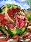  2015 basket claws cloud detailed_background dragon feathered_wings feathers flora_fauna flower food fruit grass horn lanasy melon picnic_blanket plant sandwich_(food) scalie signature solo spikes spoon tree watermelon western_dragon wings 