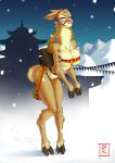  alpaca anthro bdsm blue_eyes blunt-katana blush bondage bound breast_squish breasts building camelid cloven_hooves female fur holidays hooves long_neck looking_away mammal mostly_nude mountain outside saddle snow solo tan_fur 