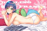  ass barefoot bed_sheet blue_hair breasts clothes_removed copyright_name darling_in_the_franxx floral_background green_eyes hair_ornament hoshi_ichi ichigo_(darling_in_the_franxx) looking_at_viewer lying medium_breasts necktie necktie_removed on_stomach open_mouth panties pillow plaid plaid_skirt short_hair sideboob skirt skirt_removed soles solo topless underwear white_panties 
