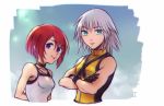  1girl blue_eyes breasts green_eyes kairi_(kingdom_hearts) kingdom_hearts kingdom_hearts_i medium_hair mim_(mimya0600) red_hair riku silver_hair smile 