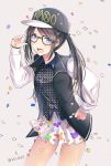  :d baseball_cap black-framed_eyewear blue_eyes brown_hair confetti glasses hand_on_hip hand_up hat highres idolmaster idolmaster_shiny_colors jacket mitsumine_yuika open_mouth seia_(tikxxx) skirt smile solo standing twintails twitter_username vest white_skirt 