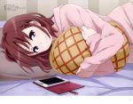  absurdres bed_sheet blush body_blush brown_hair cellphone grey_pillow head_on_pillow highres hood hoodie indoors just_because! looking_at_viewer lying megami_deluxe nail_polish natsume_mio object_hug official_art on_bed on_side page_number pajamas pants phone pillow pink_nails pink_pants pink_shirt purple_eyes shirt smartphone smartphone_case smile solo takahashi_mizuka 