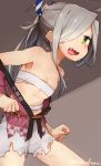  asashimo_(kantai_collection) bare_shoulders breasts cowboy_shot green_eyes hair_over_one_eye happi japanese_clothes kantai_collection long_hair ponytail rimukoro sarashi sharp_teeth shorts silver_hair small_breasts solo teeth torn_clothes 