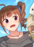  absurdres ahoge bird blue_nails blue_scrunchie blurry blush brown_hair collarbone day drill_hair eyebrows_visible_through_hair food highres ice_cream ice_cream_cone idolmaster idolmaster_million_live! jewelry kamille_(vcx68) looking_at_viewer motion_blur nail_polish necklace open_mouth outdoors purple_eyes scrunchie seagull short_hair side_drill solo teeth upper_body yokoyama_nao 