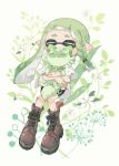 1girl absurdres braid brown_footwear cat closed_eyes closed_mouth commentary fang floral_background full_body green_fur green_hair green_theme highres inkling inkling_girl invisible_chair long_hair myon_rio pointy_ears pokemon pokemon_(creature) shoes sitting splatoon_(series) splatoon_3 sprigatito tail tentacle_hair thick_eyebrows white_background 